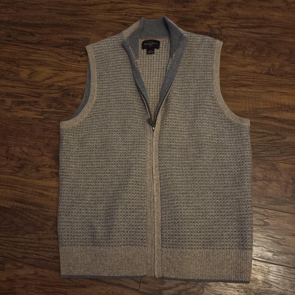 Black Brown 1826 Lambs Wool Full Zip Sweater Vest Mens Large Tan + Gray